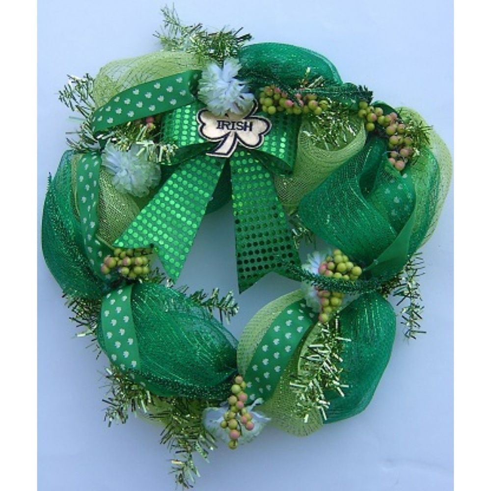 St Patricks Day Wreath Deco Mesh Shamrock Carnations Shades of Green Gold Irish